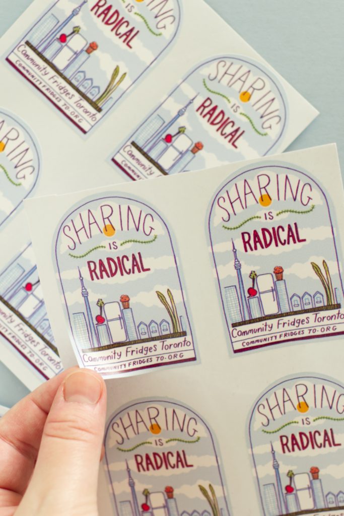 An image of a collection of stickers, one is being peeled up. The sticker reads sharing is radical, overtop a Toronto skyline.