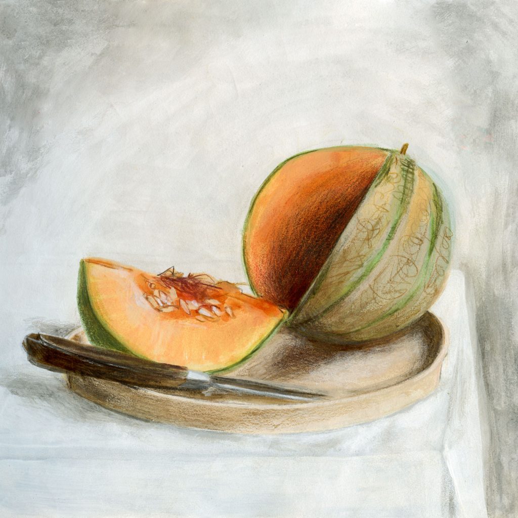 A painting of a still Life of a cut cantalope on a plate with a knife