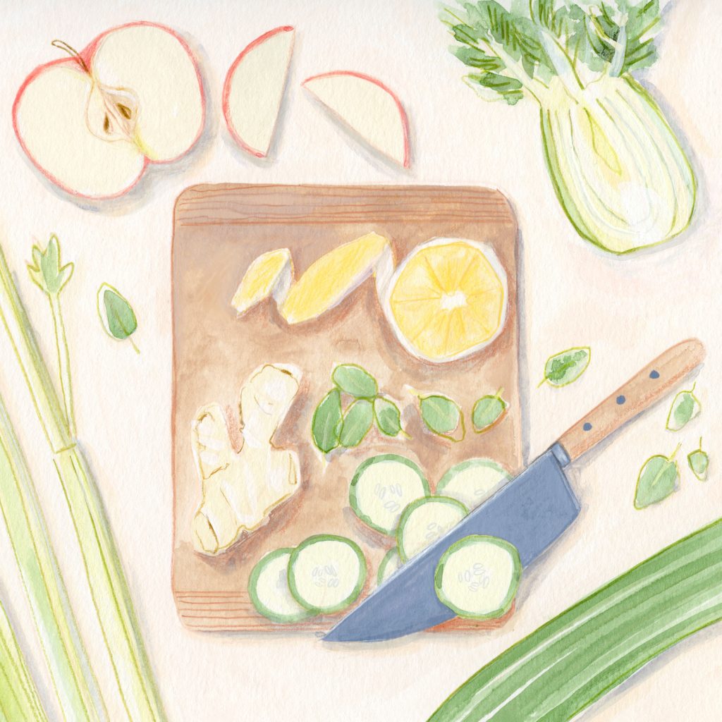 A Painting of collected ingredients to make a smoothie, including celery, apple, fennel, cucumber, ginger, mint, and lemon