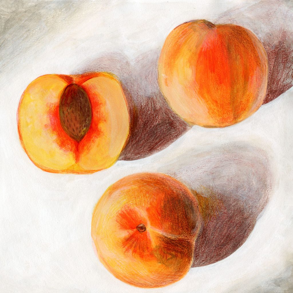 Three Peaches with long shadows on a light background
