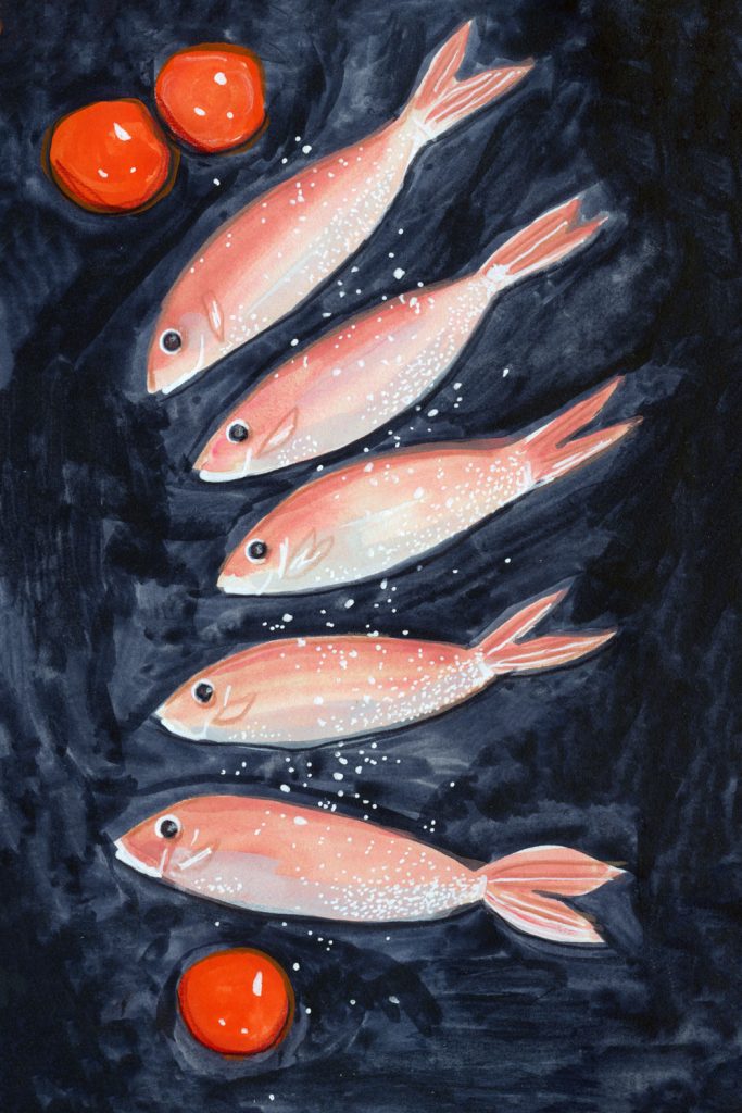 A painting of five salty pink fishes on a dark background with three bright red cherry tomatoes