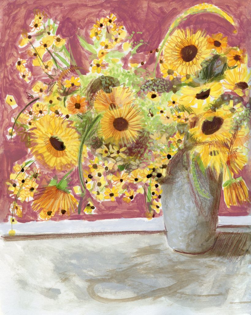 A painted image of a vase full of tangled sunflowers, spilling out onto a purple background